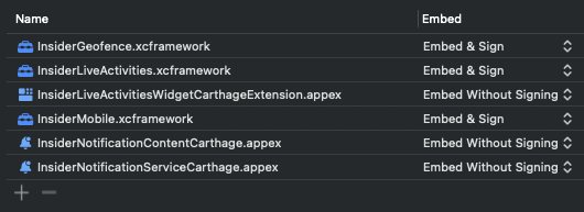 Insider xcframeworks and extension bundles listed in the app target's Frameworks, Libraries, and Embedded Content section