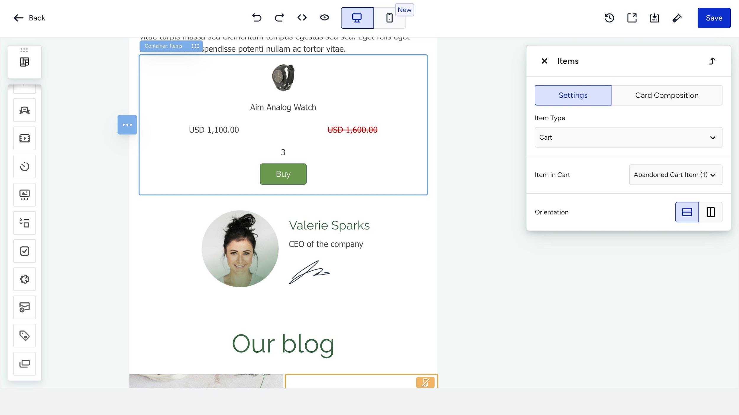 Item Block in template with Settings panel