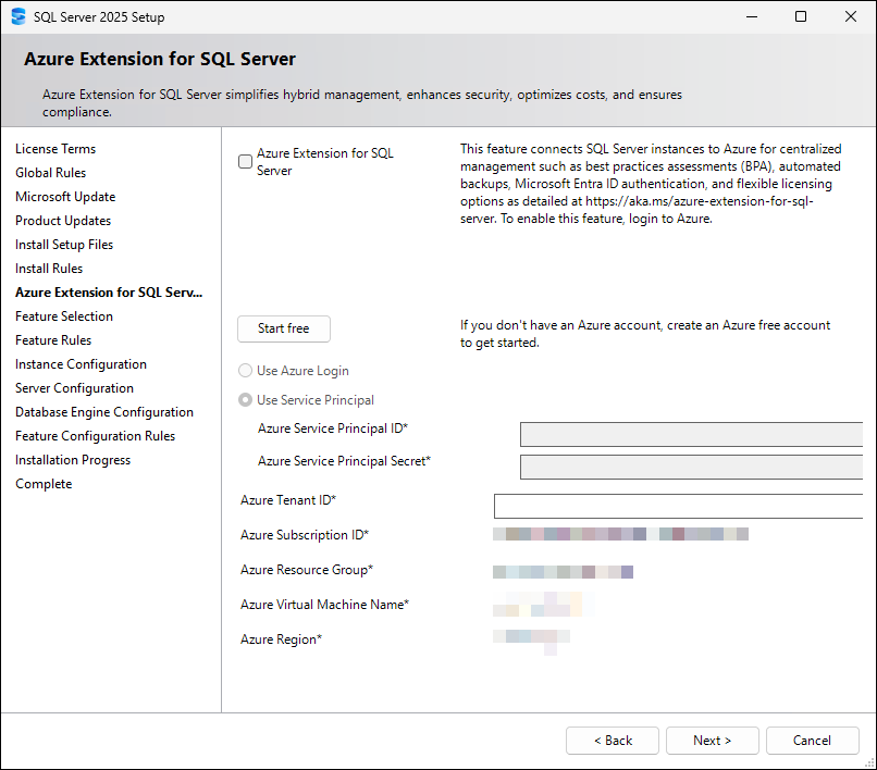 The Azure Extension for SQL Server page of the SQL Server 2025 new instance wizard with the Azure Extension for SQL Server checkbox cleared.