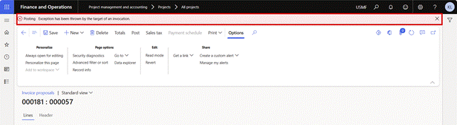 Invoice proposal 000181 in USMF. Posting fails with 'Posting: Exception has been thrown by the target of an invocation'.