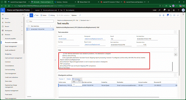 The test result log. The destination has validation problems and is skipped, so the result PDF is never produced and the PDF comparison is skipped before the test fails.
