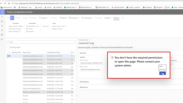 Resend with compare from the Lasernet Log, run with a Lasernet role: 'You don't have the required permissions to open this page. Please contact your system admin.'