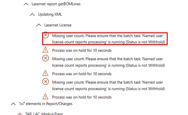The infolog from a report run: 'Missing user count. Please ensure that the batch task Named user license count reports processing is running', which names the superseded D365 FO job.