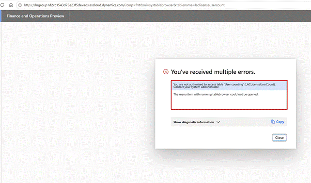 The table browser on laclicenseusercount: 'You are not authorized to access table User counting (LACLicenseUserCount)' followed by 'The menu item with name systablebrowser could not be opened'.