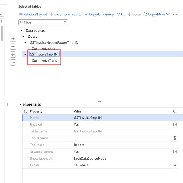 The report query data sources: CustInvoiceTrans joined under GSTInvoiceTmp_IN, the join the new LACTransRefRecId relation makes possible.