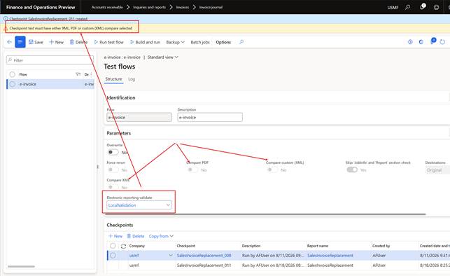 Test flow parameters in USMF. Electronic reporting validate is set to LocalValidation, but the flow is still blocked by 'Checkpoint test must have either XML, PDF or custom (XML) compare selected'.