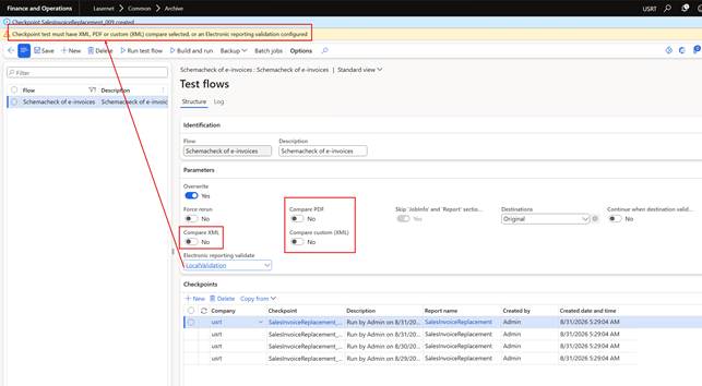 The Schemacheck of e-invoices flow in USRT with Compare XML, Compare PDF and Compare custom (XML) all set to No. The validation message now reads 'or an Electronic reporting validation configured', so LocalValidation alone is accepted.