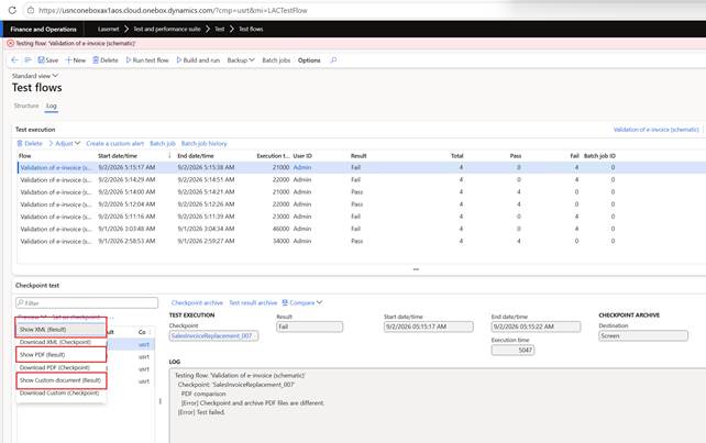 The Preview menu on a failed checkpoint test. Show XML, Show PDF and Show Custom document are the Result commands that were opening the checkpoint file instead.