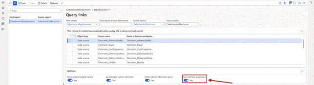 Lasernet > Common > Reports > Setup > Query links: Sync element properties on the SalesInvoiceElectronic link.