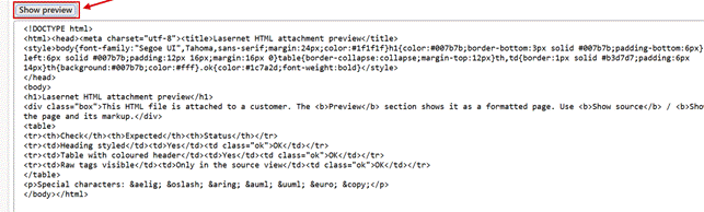 Show source shows the markup of the same attachment, and Show preview switches back.