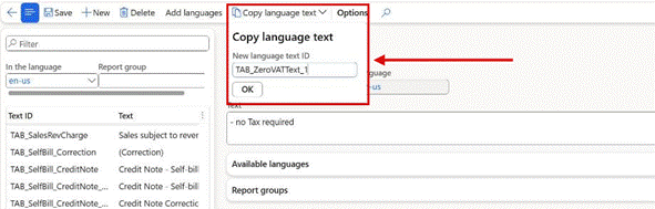 Lasernet > Setup > Language text: Copy language text proposes the new ID.