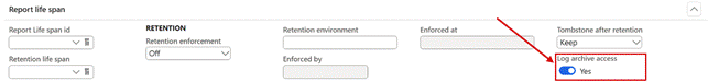 Lasernet parameters > General > Report life span: Log archive access, switched on in this demo company. It is No by default.