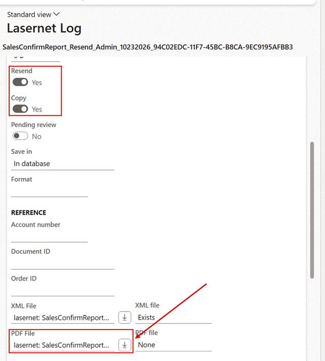 A resend entry in the Lasernet log: PDF File shows the file that the resend job resent, with a download button, although the entry stores no PDF of its own.