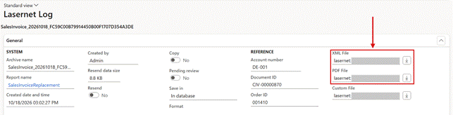 The Lasernet log: XML File and PDF File show where the files of a document are stored. After Move archives they point to the new storage. The storage paths are masked.