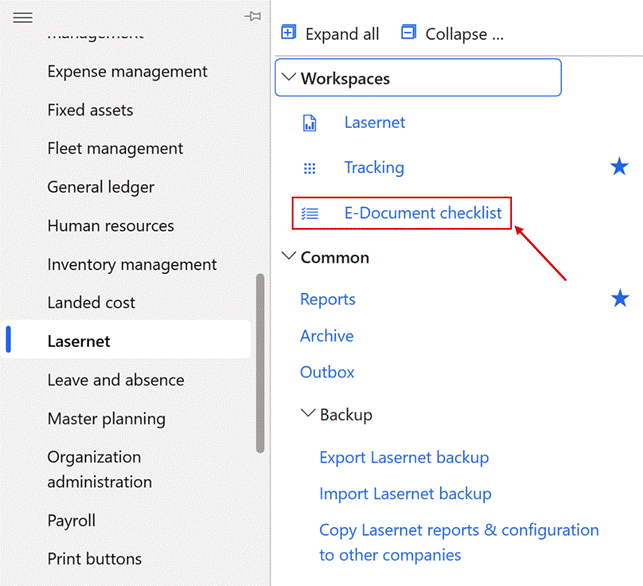 The Lasernet module menu: E-Document checklist under Workspaces.