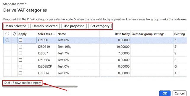 Derive VAT categories, opened from the checklist: Mark selected, Unmark selected, Use proposed and Set category, and the counter below the grid.