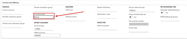 Accounts payable > Vendors: the E-invoice kind on the Invoice and delivery FastTab.