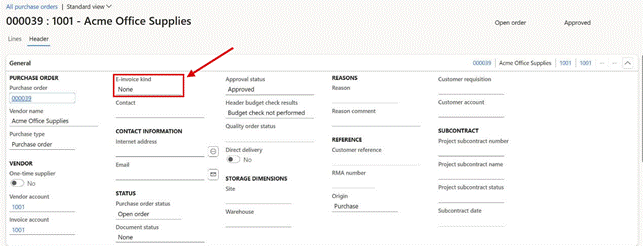 A purchase order in Header view: E-invoice kind on the General FastTab.