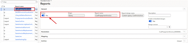 Lasernet > Common > Reports: the query-based report CustPrepaymentInvoice, active, takes over the print of prepayment invoices.