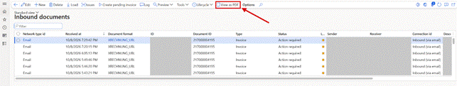 Lasernet > Setup > Electronic reporting connector > Inbound documents: View as PDF on the action pane. Message IDs and addresses are masked.