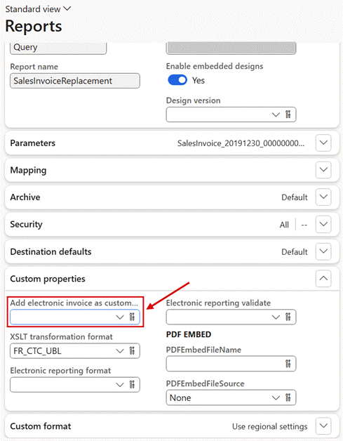 Lasernet > Common > Reports: Add electronic invoice as custom file on the Custom properties FastTab of the report. Each predefined destination can override it.