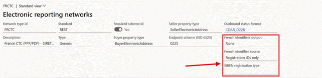 Electronic reporting networks, FRCTC: French identifiers output, French identifier source and SIREN registration type on the network header.