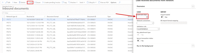 Inbound documents > Load: Look back days decides how far back the network provider is asked for documents.