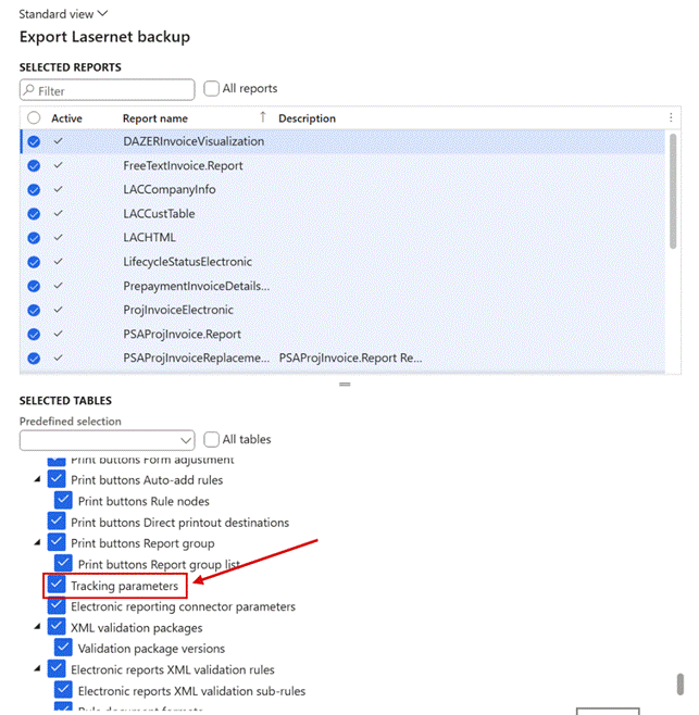 Export Lasernet backup: Tracking parameters among the selected tables.