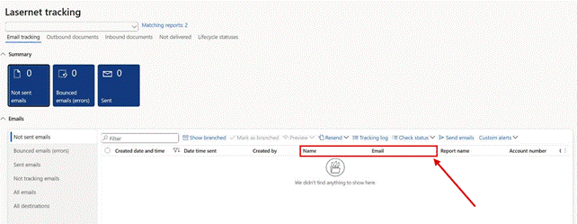 Lasernet tracking > Email tracking: Created date and time, Date time sent and Created by first, then Name right before Email.