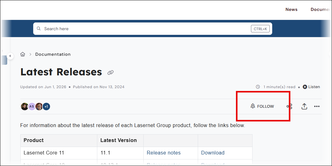 A red rectangle around the Follow button in the toolbar of a knowledge base article.