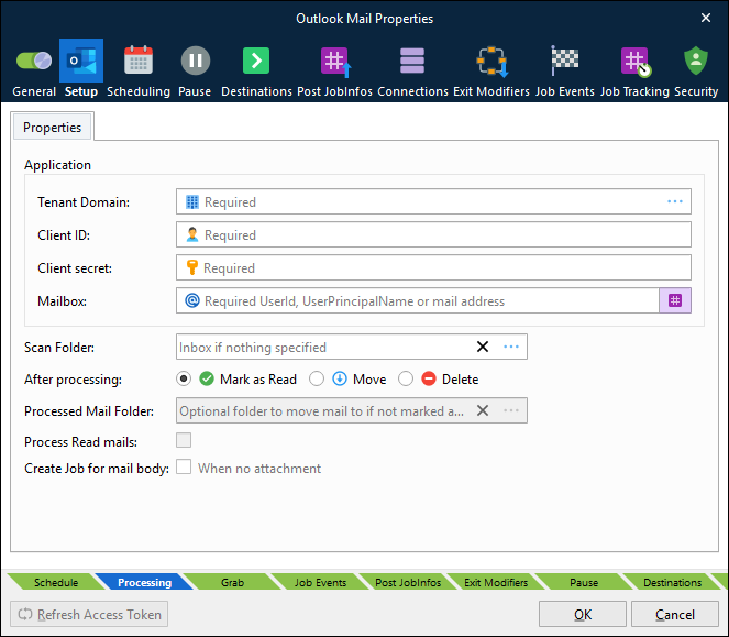 The Setup tab of an Outlook Mail input module.