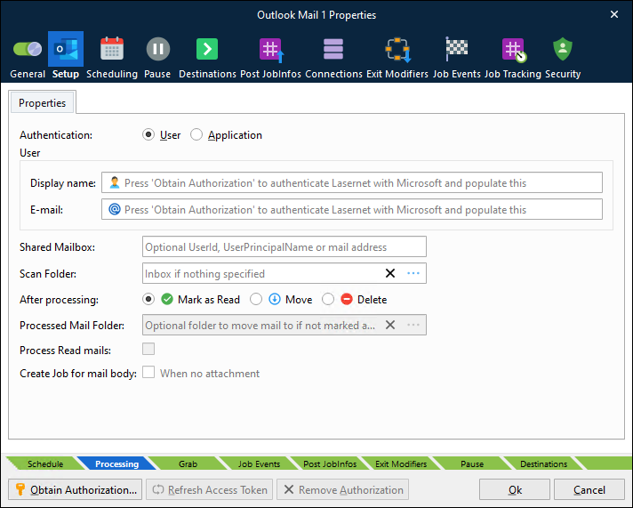 The Setup tab of an Outlook Mail input module.