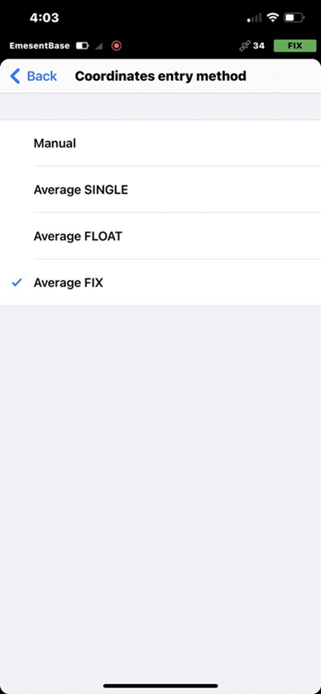 Title: Coordinates entry method screen with Average FIX option selected - Description: Coordinates entry method screen with Average FIX option selected
