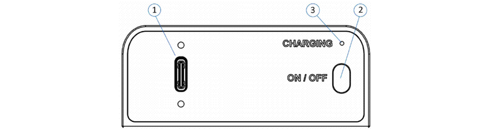 Title: Battery top view showing USB-C port, power button, and charging indicator - Description: Battery top view showing USB-C port, power button, and charging indicator