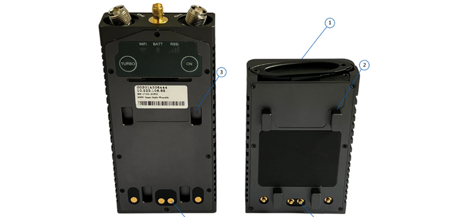 Title: Disassembled battery and radio unit showing alignment legs and electrical contacts - Description: Disassembled battery and radio unit showing alignment legs and electrical contacts