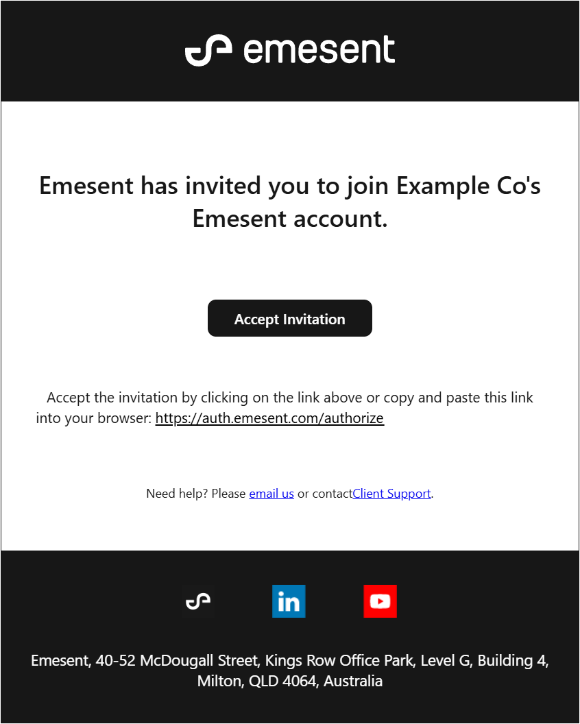 Example invitation email from the Emesent User Management System