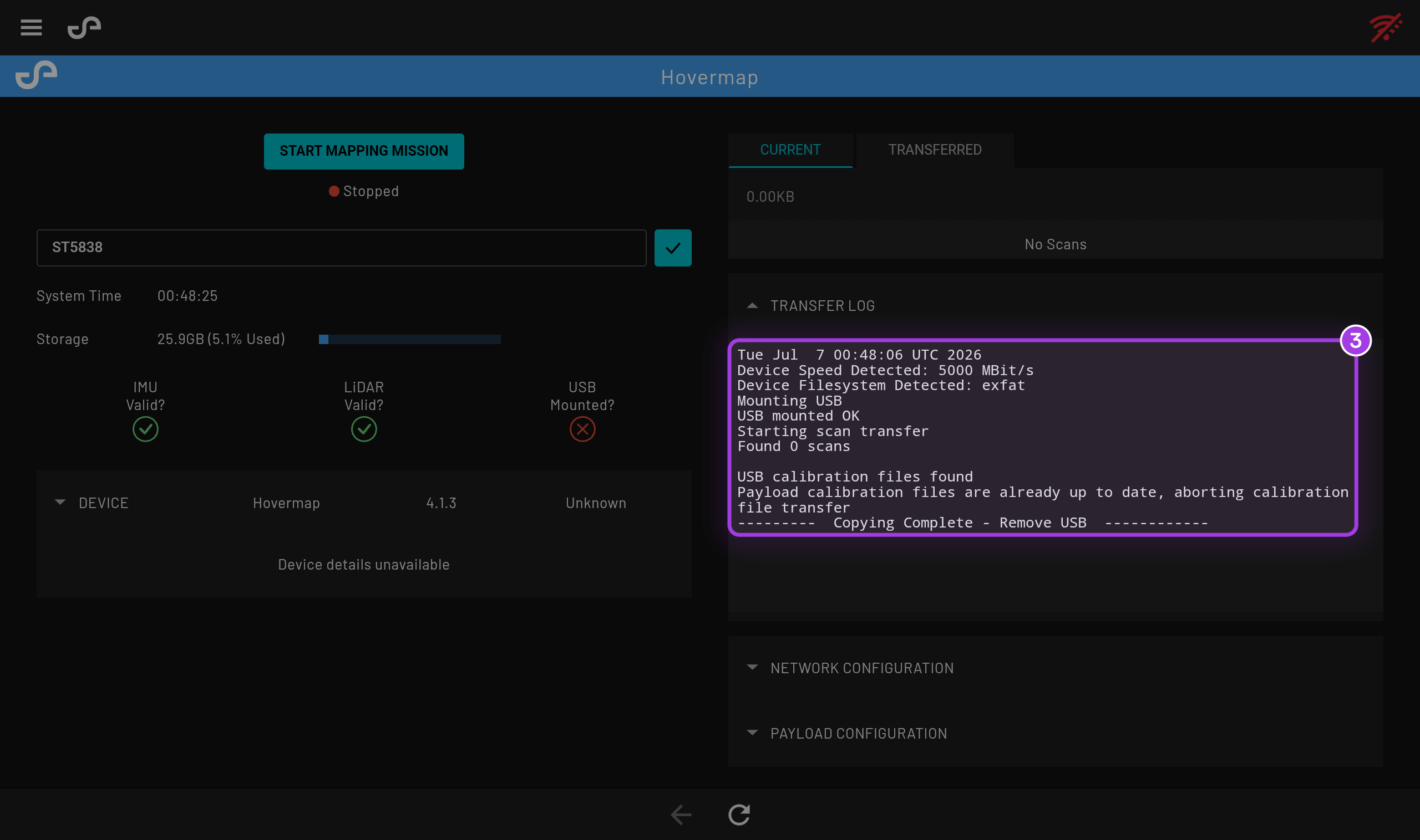 Transfer Log reporting an aborted transfer because the payload calibration files are already up to date