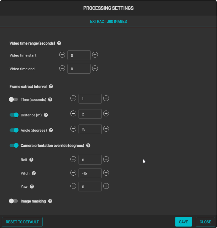 Extract 360 images workflow with image masking turned off