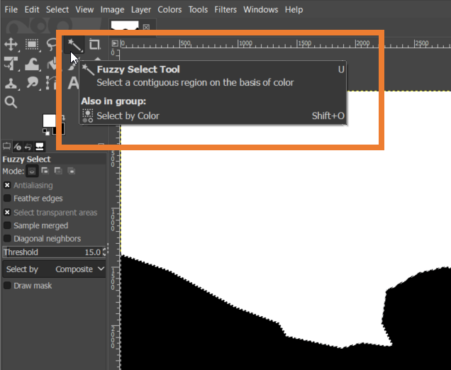 Selecting the black area of the mask with the Fuzzy Select Tool