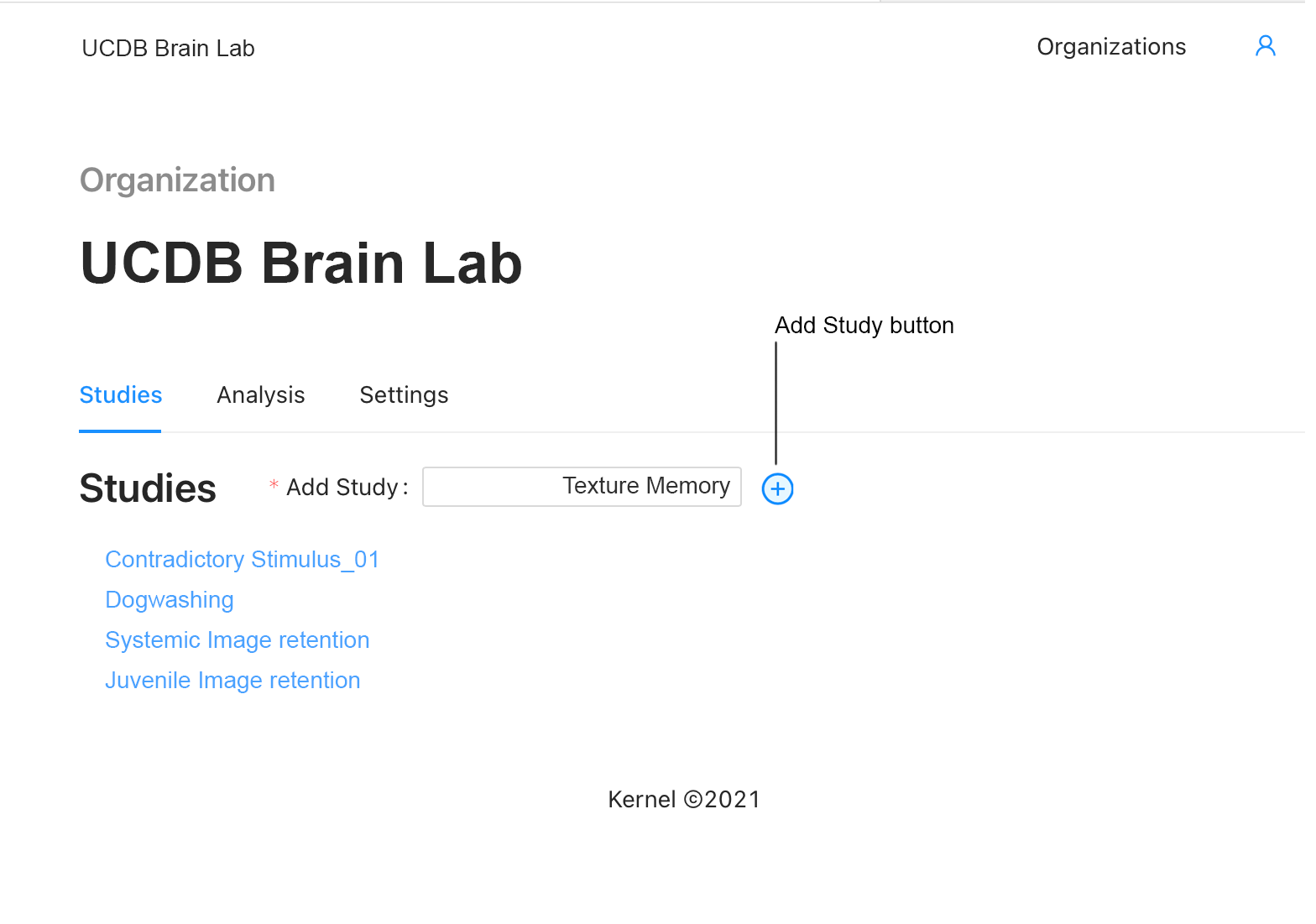 Image: Studies tab of the organization page. Callout to Add Study button.