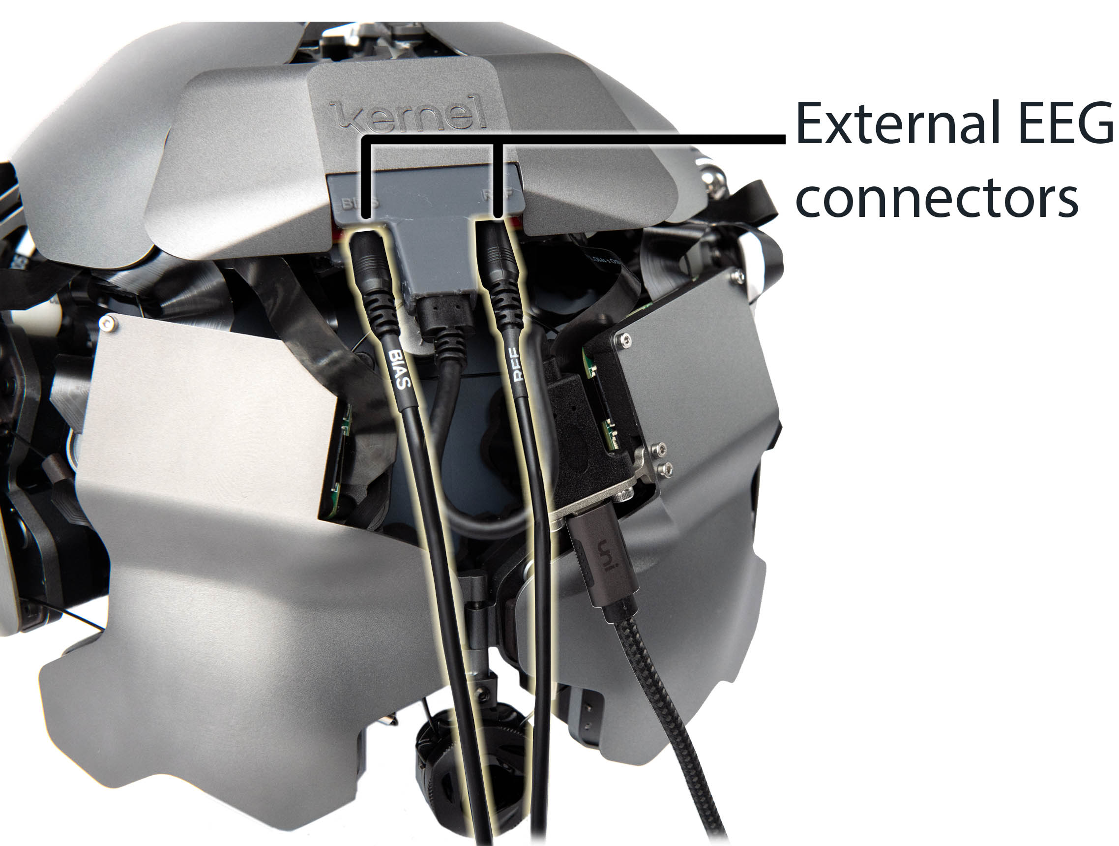 Image: Kernel Flow headset with the External EEG connectors called out.