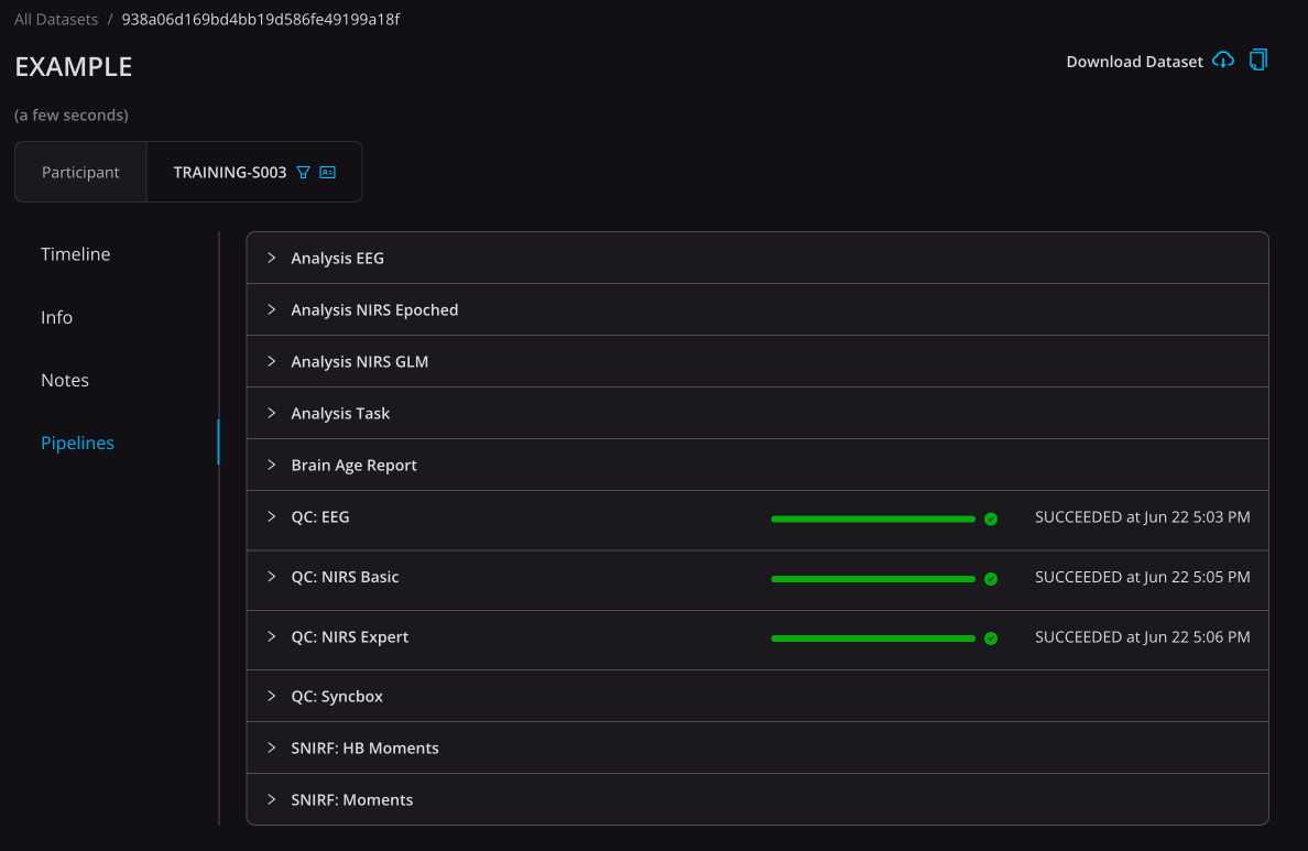 Image: Pipelines tab of dataset page in Researcher Portal.