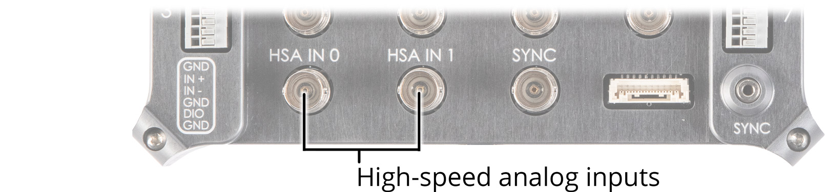 Image; Partial view of Sync Accessory box with High Speed Analog inputs called out.