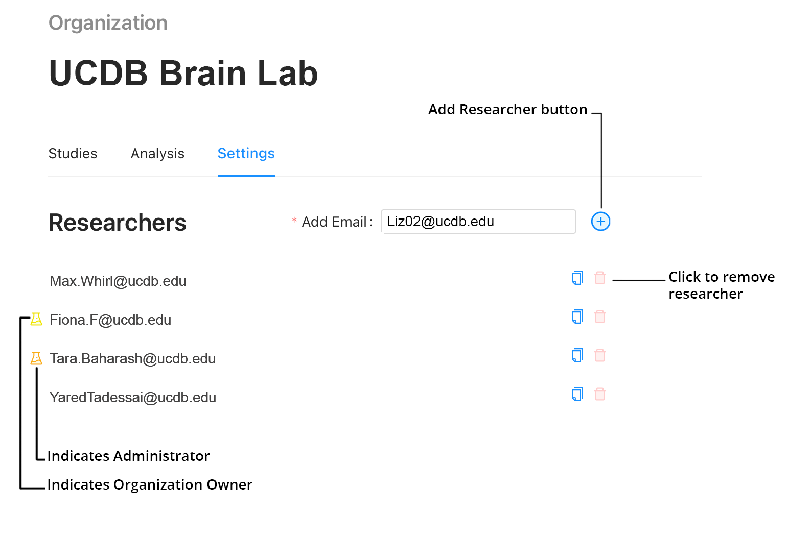 Image: Settings tab of Organization page in Researcher Portal.