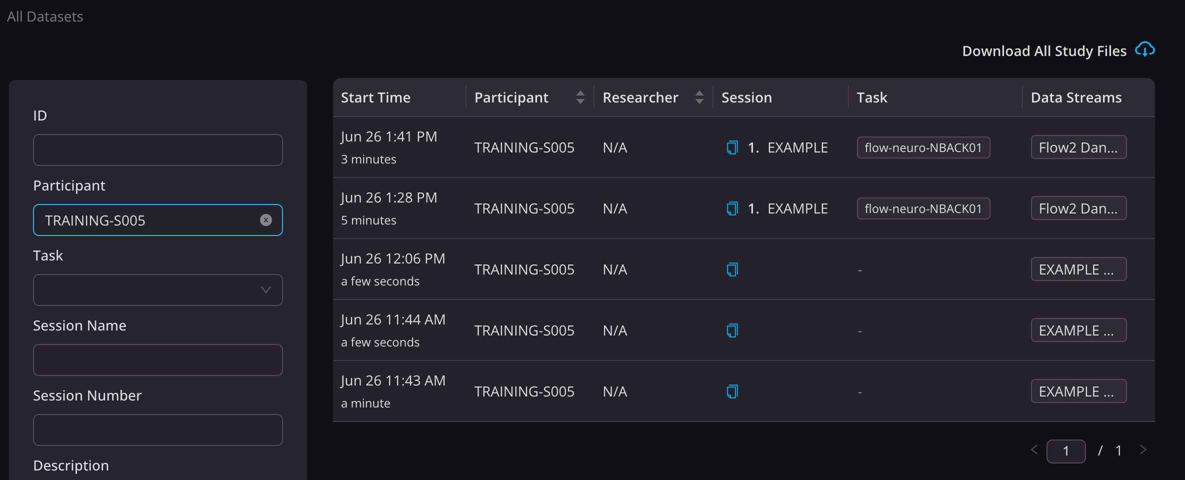 Image: Datasets tab of Participant page in Researcher Portal.