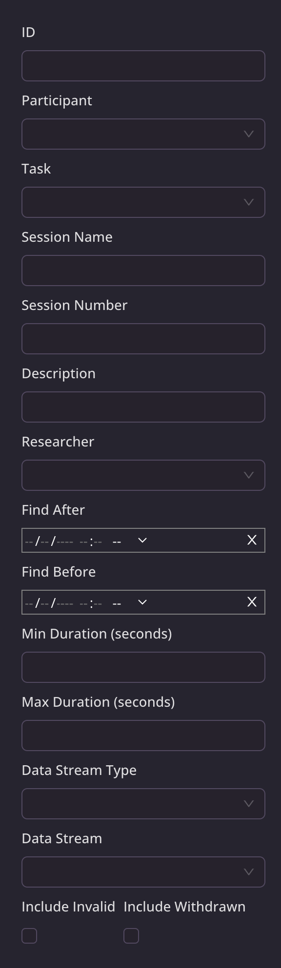 Image: Filtering options in Datasets page of researcher portal.