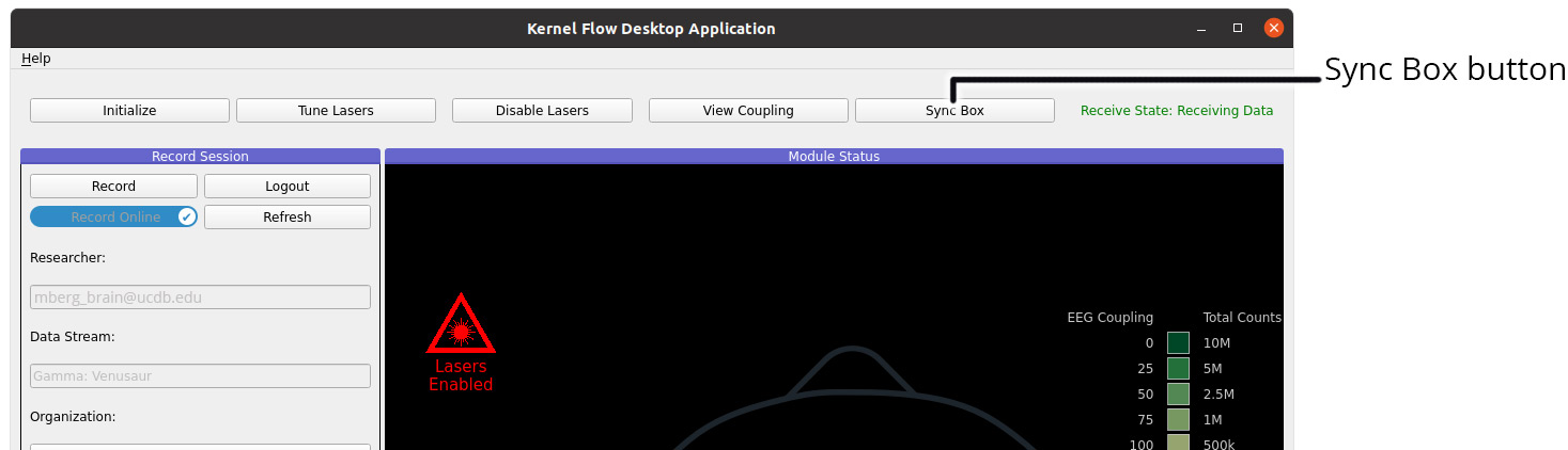 Image: Kernel Flow Desktop Application with Sync Box button called out.