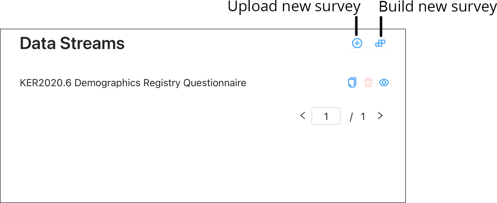 Image; Data Streams section of Session page in Researcher Portal with Upload New Survey and Build New Survey buttons called out.