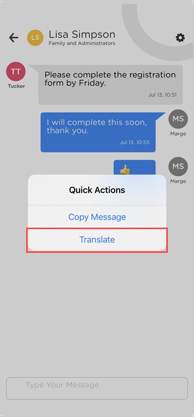 app message window indicating the Translate option in the Quick Actions menu