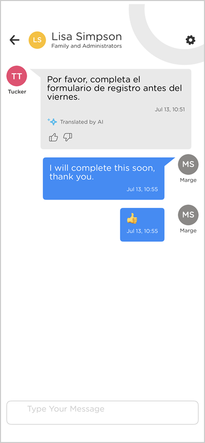 app message window with the incoming message translated to Spanish and a Translated by AI label under the message